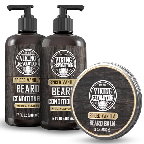 Viking Revolution Spiced Vanilla Beard Balm for Men (2oz) and Beard Wash, Conditioner for Men (17oz each) - Beard Softener, Moisturizer With Argan, Jojoba Oil