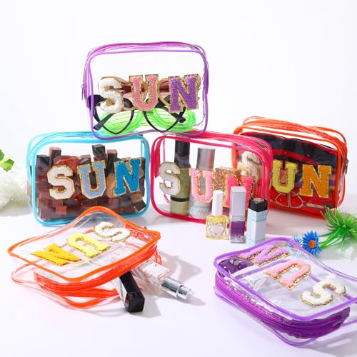 Kacctyen 8 Pcs Clear Sun Makeup Bag Bulk Summer Beach Sunscreen Pouch Waterproof Toiletry Cosmetic Zippered Organizer with Preppy Chenille Letter Patch for Women Girls Beach Pool Vacation Gift