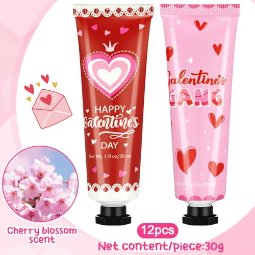 12 Sets / 72 Pcs Valentine's Galentine's Day Gifts Travel Size Hand Cream for Dry Cracked Hands and Lip Balm, Makeup Bag, Hair Scrunchies Bulk Set with Organza Bag Heart Gift Card for Women