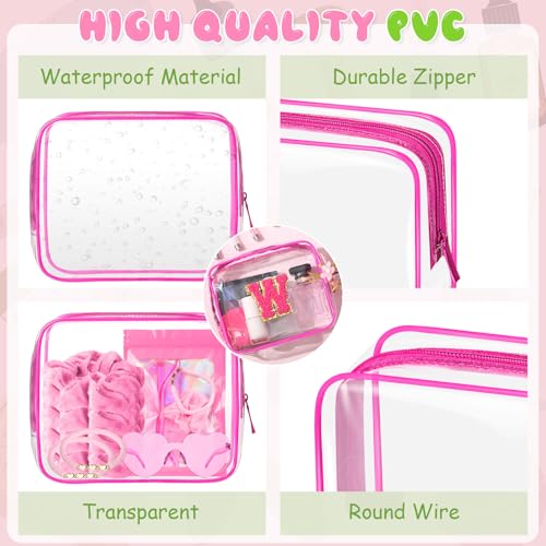 Eccliy 12 Pcs Pink Green Gift Bags Makeup Bag with Chenille Letter Patches Portable Travel Cosmetic Pouch with Zipper PVC Toiletry Bag for Witch Party Baby Shower, Birthday, Party Favor