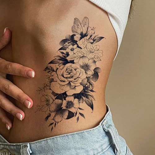2 Sheets Semi Permanent Tattoos, Temporary Tattoo for Women, Lasts 7-15 Days Water-Resistant Fake Tattoo Stickers, Realistic Flower Design for Party (7.5x4.8 in), Non-Reflective & Safe for Skin