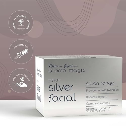 Aroma Magic Silver Facial Kit | 7 Step Facial with Cleanser, Enzyme Gel, Serum, Protein, Sheen Gel & Face Pack | Hydrates & Soothes Dry Skin | Salon-Like Glow at Home | Multi Use Pack