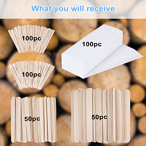 400Pcs Wax Strips Sticks Kit, FULANDL Wooden Wax Applicator Sticks, 300 Small Medium Large Eyebrow Waxes Spatulas with 100 Non-Woven Paper Strip for Women Men Body Hair Removal