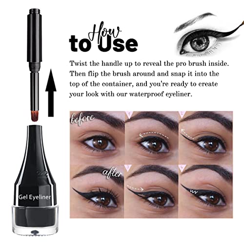 2-in-1 Gel Eyeliner Set, Tattoo Eyeliner Waterproof Smudge Proof Gel Cream Eye liner Pot with Brush, High Pigment Eye Makeup for Women (Black)