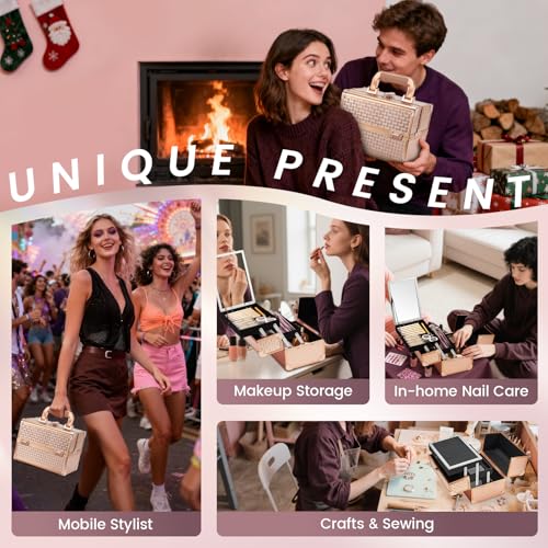 Joligrace Beauty Makeup Train Case for Lady Portable Cosmetic Box Jewelry Organizer Lockable with Keys and Mirror 2-Tier Trays Carrying with Handle Makeup Storage Box - Rose Gold