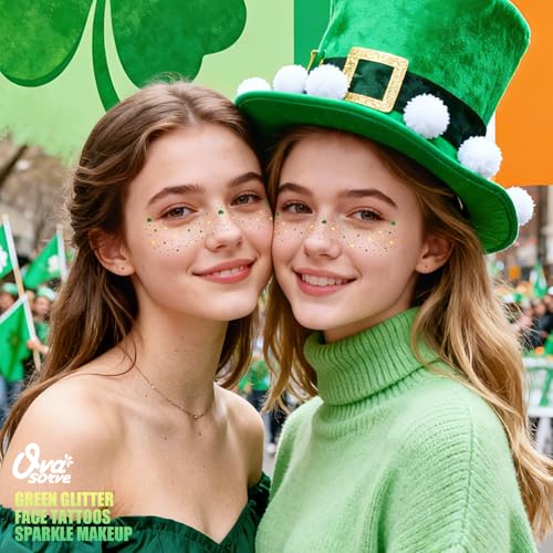 St Patricks Day Accessories Metallic Gold & Green Shamrock Freckles Temporary Tattoos - Shimmer Foil Clover Face Stickers for Women Girls, Waterproof Sparkle Irish Party Makeup (8 Sheets)