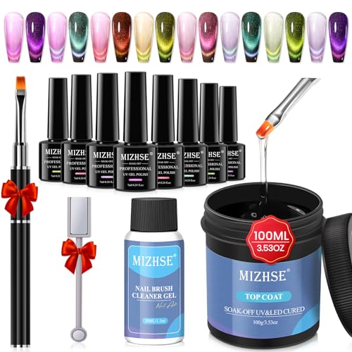 MIZHSE 100ML No Wipe Gel Top Coat 9D Cat Eye Gel Nail Polish 8 Colors