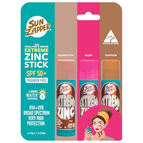 Sun Zapper Extreme Zinc Sunscreen Stick Beauty 3-Pack SPF 50+ Tan Bronze Coral Pink ? Tinted Mineral Makeup Sunscreen Sticks for Face, Water Resistant Surf Sunblock, 15g Each, Made in Australia