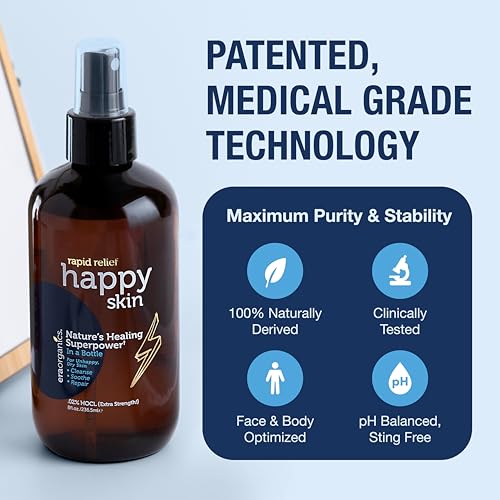 Happy Skin .02% Hypochlorous Acid Spray Toner? Extra Strength, Extra Gentle 100% Natural Toner & Skin Cleanser for Face & Body? Soothe, Hydrate & Repair Dry, Sensitive Skin? pH Balanced, Non-Toxic 8oz