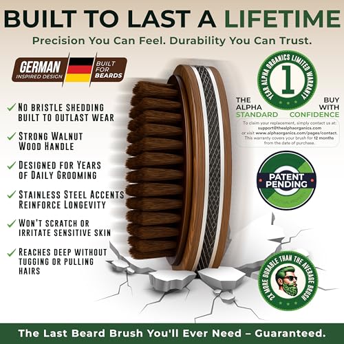 Premium Handmade 4.5" Boar Bristle Beard Brush for Men ? Natural Walnut Wood & Non-Slip Rubber Grip ? Men¡¯s Grooming Brush for Short, Medium & Long Beards ? Mustache & Beard Care Tool ? Alpha Organics