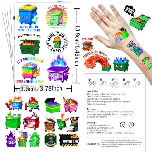 144Pcs Dumpster Fire Temporary Tattoos - Funny Everything's Fine Dumpster Fire Stickers Tattoos Gifts for Office Christmas Team Coworker Nurse Party Decorations Decor