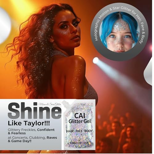 Face, Body & Hair Glitter Gel ? Rave Glitter for Kids and Women ? 3 Oz Cosmetic-Grade Gel w/Moon & Stars for Festivals & Halloween Party, Easy Apply & Wash Off - Silver 1Pack