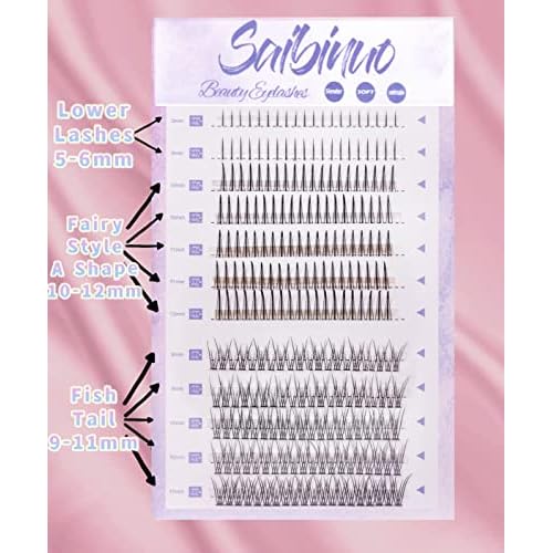Saibinuo 240pcs Mixed Pack C Curl False Eyelash Extension Individual Lashes Lower Bottom Lash (5-6mm) Fairy Style A Shape (10-12mm) Fish Tail (9-11mm) Natural Clusters, 240 Count (Pack of 1).
