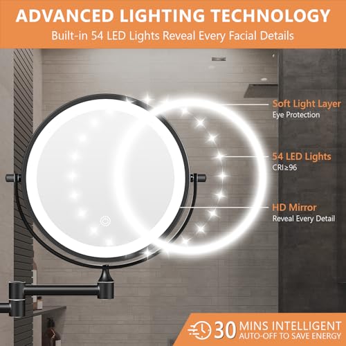 Auxmir 1X/30X Wall Mounted Lighted Makeup Mirror, 8" Rechargeable Double-Sided Magnifying Mirror with Light, Touch Dimmable 3 Color Light, 360¡Æ Rotation Foldable Extended Arm, Black