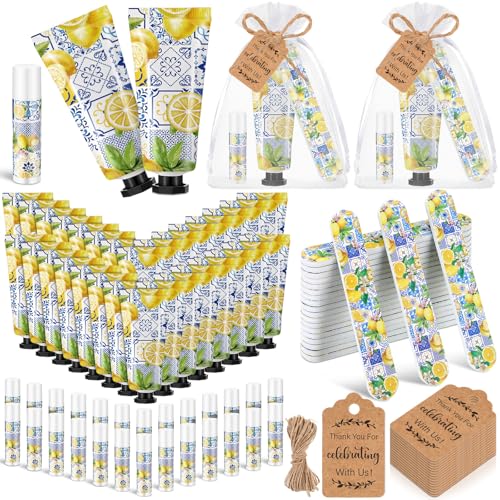 Leelosp 50 Sets Capri Lemon Hand Cream and Lip Balm Nail File Gift Bulk Summer Lemon Party Favors Wedding Favor for Guest Travel Size Hand Lotion Lip Balm Gifts Set Bridal Baby Shower Birthday