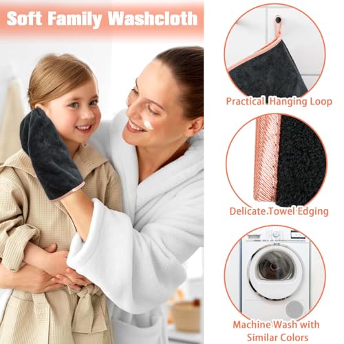 PHOGARY 8 Pack Microfiber Wash Mitts for Face Body, Super Soft Absorbent Coral Fleece Facial Cloths Bath Shower Mitt, Reusable Makeup Remover Washcloths, Black, 6x9in