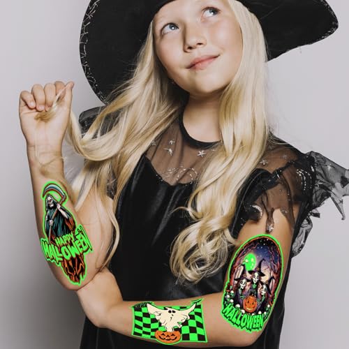 winthrop 100 Pcs Luminous Halloween Temporary Tattoos for Kids, Individually Wrapped Glow In the Dark Waterproof Large Size Tattoos,Trick or Treat, Best Choice for Halloween Candy Bag, 25 Designs