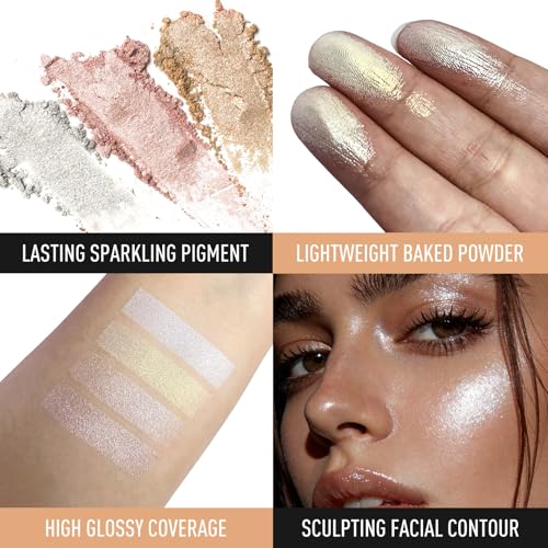 Highlighter Makeup Palette, Shimmer Glitter Face Body Illuminator, Smooth Waterproof Highlighter Baked Powder, Natural Long Lasting Highly Pigmented Highlighters Makeup - Champagne Fizz