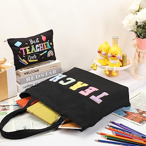 Silkfly 2 Pcs Teacher Appreciation Gifts Teacher Tote Bags Set Pouch Cosmetic Bag for Women Retirement Chenille Letter Patches Work Bag with Zipper Pocket Makeup