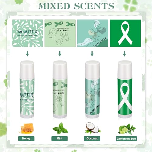 Fumete 100 Sets Suicide Prevention Awareness Lip Balm Bulks Motivational Green Teal Ribbon Lip Balm Gift for Mental Health Awareness Inspirational Party Favor