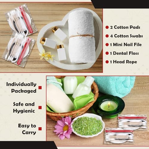 Tondiamo 100 Set Hotel Vanity Kit Individually Wrapped Travel Size Hotel Hospitality Kit Include Disposable Cotton Pads, Cotton Swabs, Hair Tie, Nail File, Dental Floss for Motels Toiletries