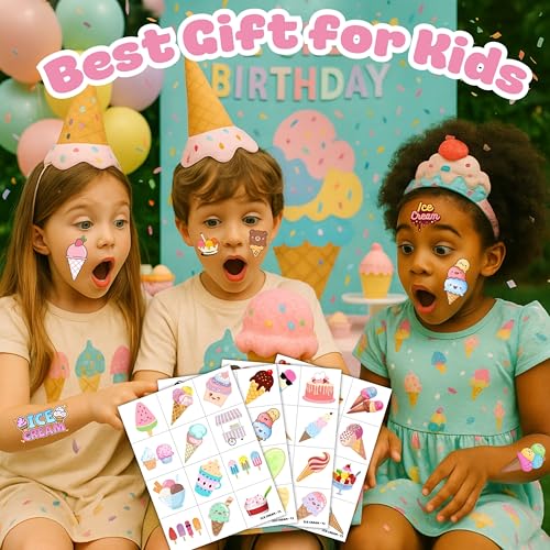 96PCS Ice Cream Pre-Cut Temporary Tattoos for Kids - Summer Birthday Party Supplies, Fun Tattoos for Boys & Girls, Party Favors, Classroom Prizes, Themed Gifts