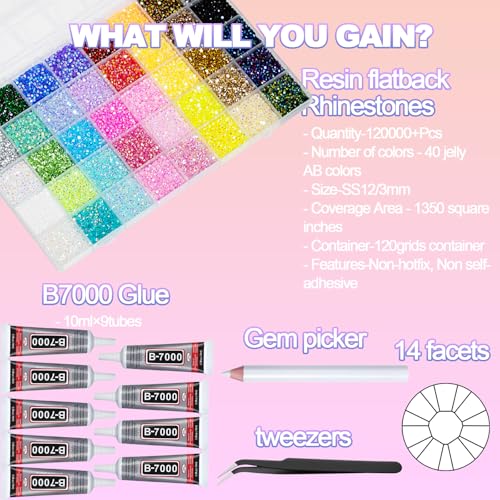 3 Boxes 120000+Pcs Resin Jelly Rhinestones for Bedazzling, 3mm Multicolor Flat Back Gems Bedazzler Kit with 6Pcs 10ml B7000 Glue, Colorful for Book Shoes Crafts Tumblers Nail Art DIY