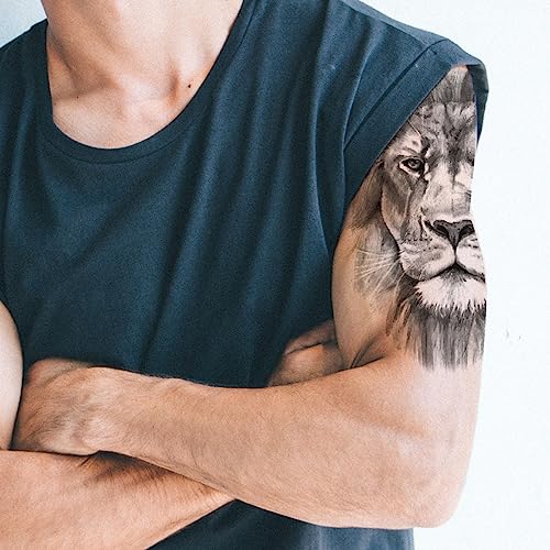 2 Sheets Realistic Animal Temporary Tattoos Stickers Sketch Lifelike Lion Designs For Men Waterproof Arm Leg Fake Body Art, Gym & Parties Bold Masculine Decals