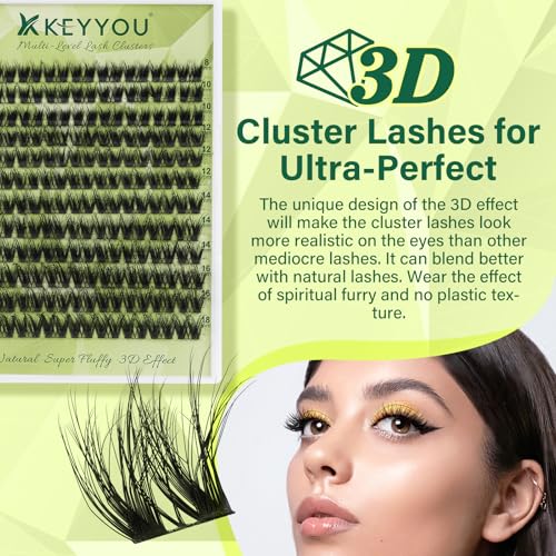 KEYYOU Lash Clusters 3D Effect Eyelash Clusters 108pcs D Curl PuffSilk V3D05 Wispy Lashes Cluster Lashes Natural Soft DIY Lash Extension at Home(PuffSilk V3D05-D-8-18MIX)