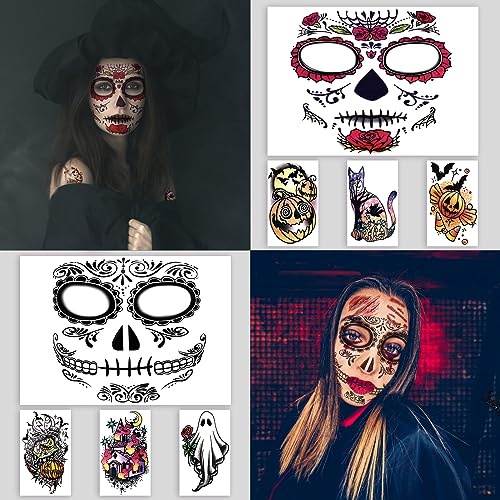 50 PCS Halloween Prank Makeup Face Tattoos Adult Women Men, 10PCS Horror Scary Halloween Face Mouth Tattoos Stickers, 40PCS Witch Ghost Pumpkin Jack Tiny Tattoo for Costume Cosplay Party Kit