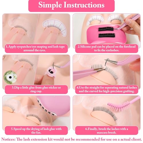 Lash Extension Practice Kit, Eyelash Extension Training Kit for Beginners, Professional Eyelash Mannequin Head Set with Lash Fan, Lash Shampoo, Glue Rings and Lash Mirror (Lashes Kit-with eye)