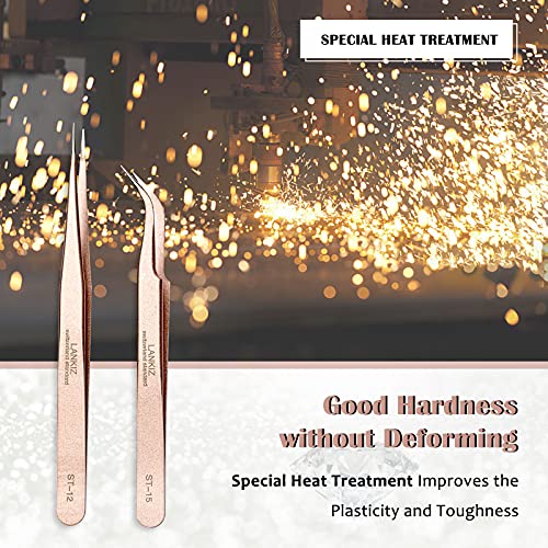 Lash Tweezers for Eyelash Extensions, Lankiz Eyelash Tweezers for Lash Extensions Stainless Steel Straight and Curved Volume Lash Tweezers Set Kit (2PCS-Rose)