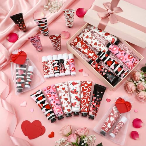 Loopeer 24 Sets Valentine Bulk Gifts Hand Cream and Lip Balm Bulk Set with Organza Bag Red Love Heart Card Galentine Gifts for Valentine Party Favors Stuffers Woman Men Teacher Staff Nurse Coworker