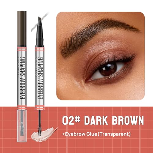 2-in-1 Microblading Eyebrow Pen with 4-Fork Tip Brow Pen + Clear Shaping Brow Gel, Long-Lasting Waterproof Smudge-Proof Eyebrow Pen, Natural-Looking, Dual-Action for Precise Shaping (02# Dark Brown)