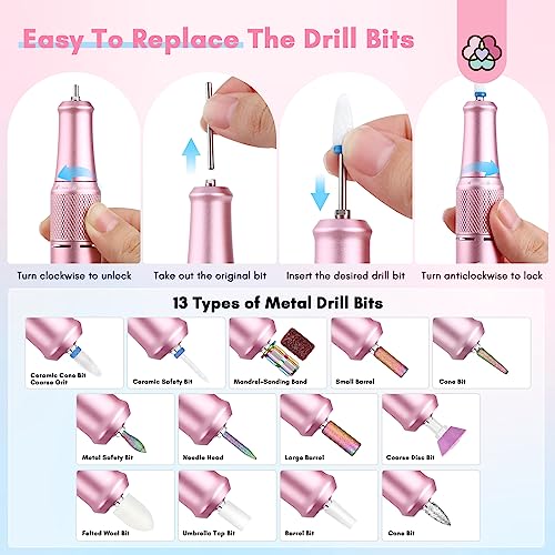 SAVILAND Portable Electric Nail Drill: 40000 RPM Rechargeable Electric Nail File for Acrylic Nails Professional with Ceramic Corn Head Nail Drill Bits for Nails Manicure Tools & Pedicure Kit Salon Use