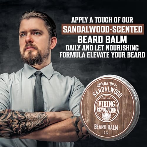 Viking Revolution Sandalwood Beard Wash and Beard Conditioner for Men (17 Oz each), Sandalwood Beard Balm (2 Oz) and Beard Oil (1 Fl Oz) - Beard Care Softener and Strengthener