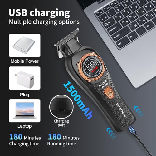 KEMEI 999 Professional Hair Clipper for Men, Cordless Electric Beard Trimmer Men, Zero Gapped T-Blade Hair Trimmer with LCD Display and 3 Guide Combs