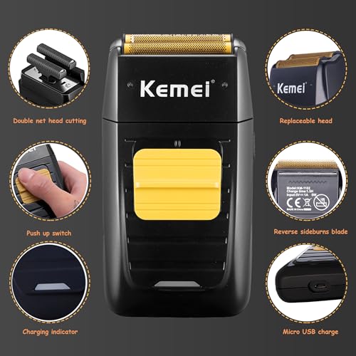 KEMEI Professional Hair Trimmer for Men Cordless, Foil Shaver with Replacement Heads & Nets, Zero Gapped Hair Clippers with T Blade, Electric Head Shavers for Bald Men, KM 2299, KM 1102