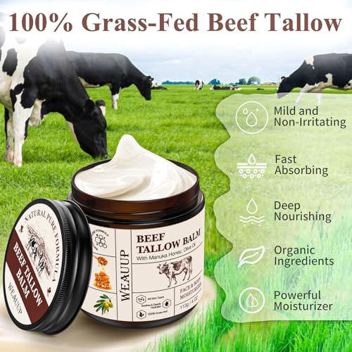 Beef Tallow for Skin, Organic Grass Fed Whipped Beef Tallow Balm, Tallow and Honey Balm with Raw Honey and Beeswax, Nourishing Moisturizer for Face & Body Natural Skin Care for Soft