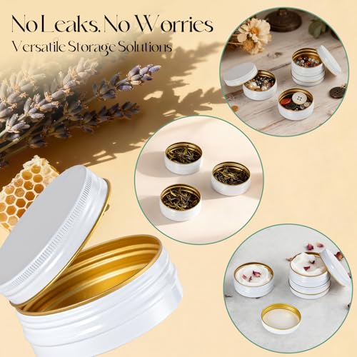 Aluminum 2oz Tins with Lids (48 Pack), Empty Salve Tins Round Tin with Lids, Metal Containers for Salve, Homemade Balm, DIY Lotion Bars & Travel Storage - Recyclable, Durable (White and Gold)