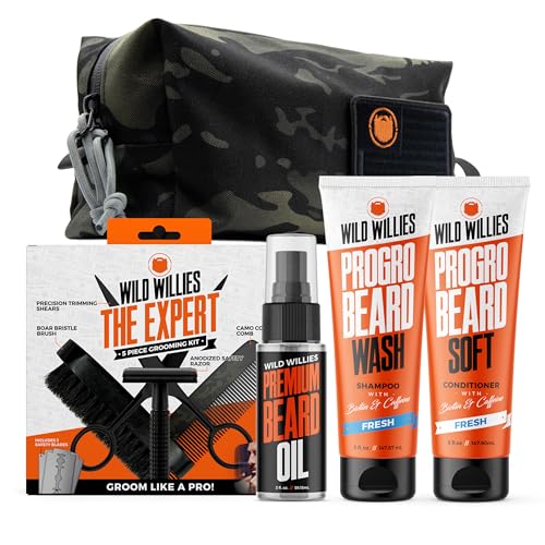 Wild Willies Complete Beard Grooming Kit for Men - Includes 5 Piece Grooming Kit, PROGRO Shampoo Wash & Conditioner, & Premium Hair Oil for Daily Use, Beard Growth & Hydration