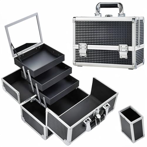 Joligrace Makeup Train Case Makeup Case 3-Tray Cosmetic Box with Mirror, Shine Black, 11.8-in Large Makeup Box with Detachable Brush Holder, Lockable Portable Makeup Travel Organizer Case