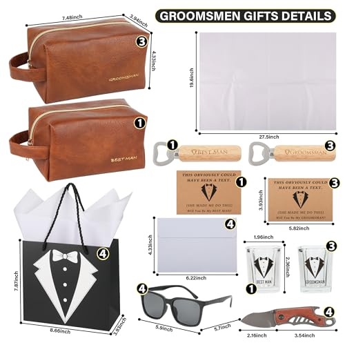 36Pcs Groomsmen Gifts Set of 4, Proposal Gift Box with Toiletry Bags, Whiskey Glasses, Sunglasses, Wood Handle Pocket Knives, Bottle Openers, Cards, Envelopes and Tuxedo Gift Bags (4 Set)