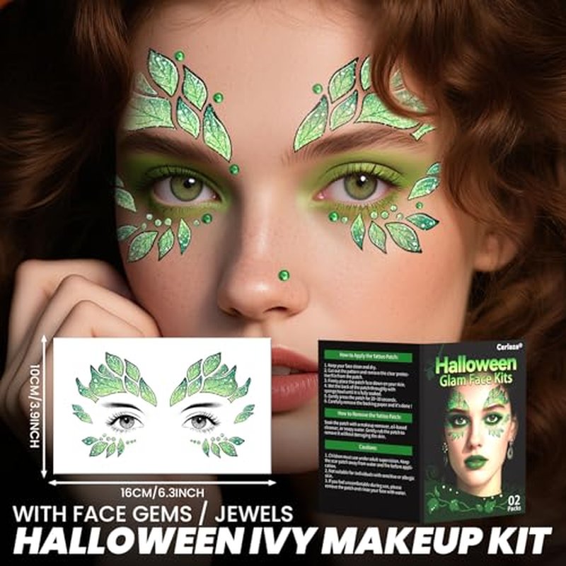 Cerlaza Halloween Decorations, Leaf Face Paint Temporary Tattoos+Green White Face Gems Jewels, Glitter Leaf Halloween Makeup Kit Costumes Rave Party Favors, Festival Cosplay Outfits Accessories