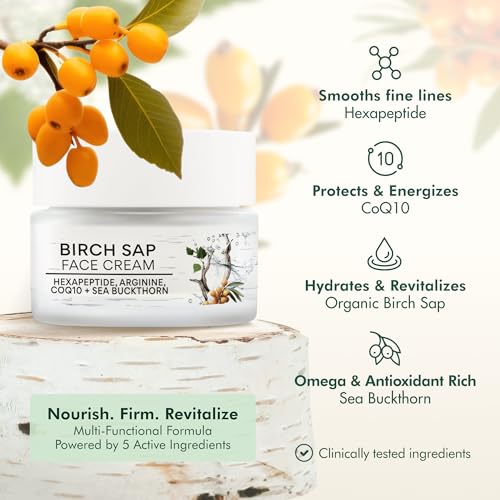 Birch Sap Face Cream ? Peptides, CoQ10, Arginine and sea buckthorn; fragrance-free; made in Finland - COSMOS Organic Certified sensitive-skin formula 50 ml (1.69 oz)