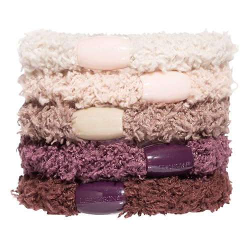 L. Erickson Brown and Purple Hair Ties for Women, Cozy Pony, 5 Pack, Stone, Extra Thick No-Crease Bands with Strong Hold and Damage-Free Design, Soft Fuzzy Ponytail Holders for All Hair Types