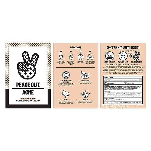 PEACE OUT Acne Healing Dots Hydrocolloid Pimple Patches, Acne Spot Treatment with Salicylic Acid, Retinol, and Aloe Vera for Blemishes and Breakouts, 40 Count