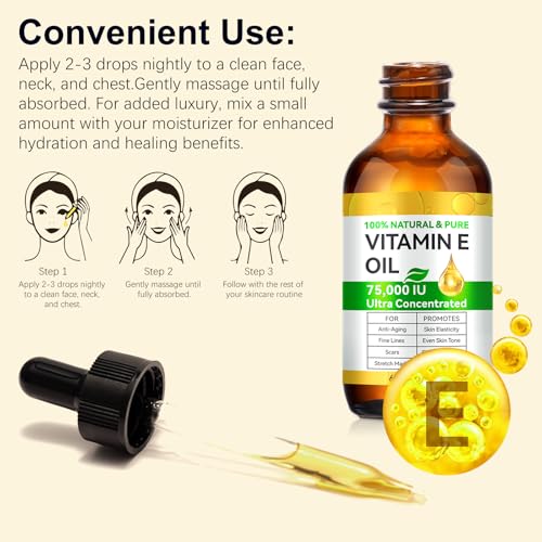 Vitamin E Oil, Pure Vitamin E Oil for Skin, Face, Hair & Scars, Vita-min e Oils 75,000 IU, Antioxidant for Dryness, Wrinkles & Stretch Marks, Moisturizing & Firming Skin, Natural Vitamin e oil, 60ML