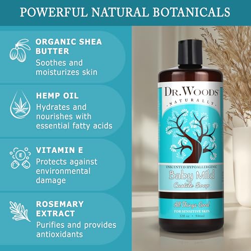 Dr. Woods Unscented Baby Mild Liquid Castile Soap - Natural Soap for Sensitive Skin, Gentle Cleanser with Hemp Oil and Vitamin E - Paraben, Sulfate, and Phthalate Free - 32 Fl Oz