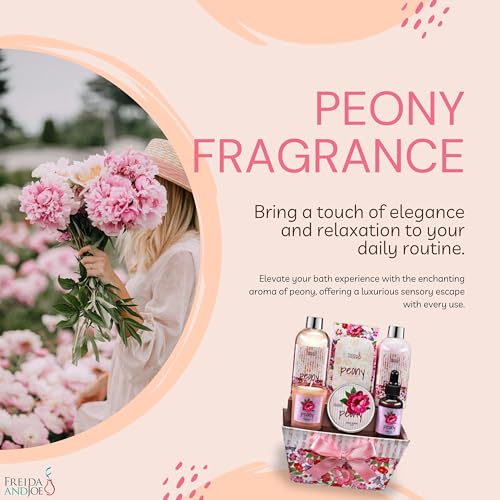 Bath and Body Gift Set for Women with Shower Gel, Body Lotion, Body Scrub, Body Oil, Bath Salt, and Scented Candle ? Perfect Spa Gift (Peony Floral) ? Mother's Day Gift for Mom